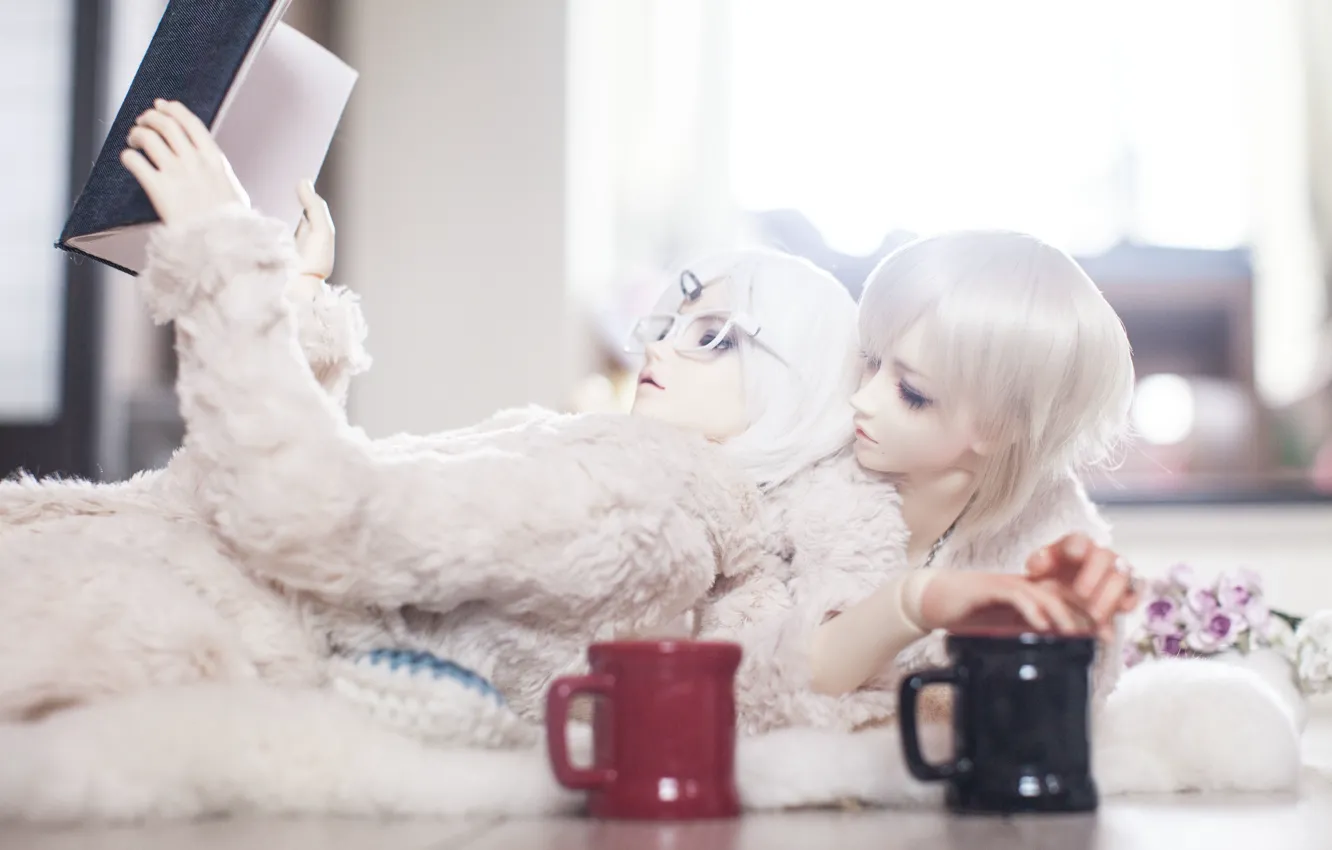 Photo wallpaper flowers, doll, glasses, Cup, book, guy, white hair, doll
