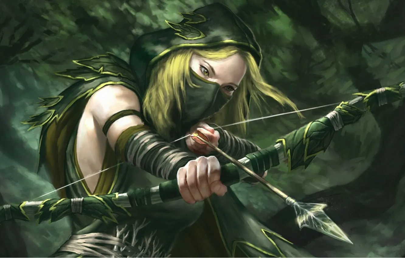 Photo wallpaper forest, mask, bow, Archer, hood, arrows, Dota 2, drowranger