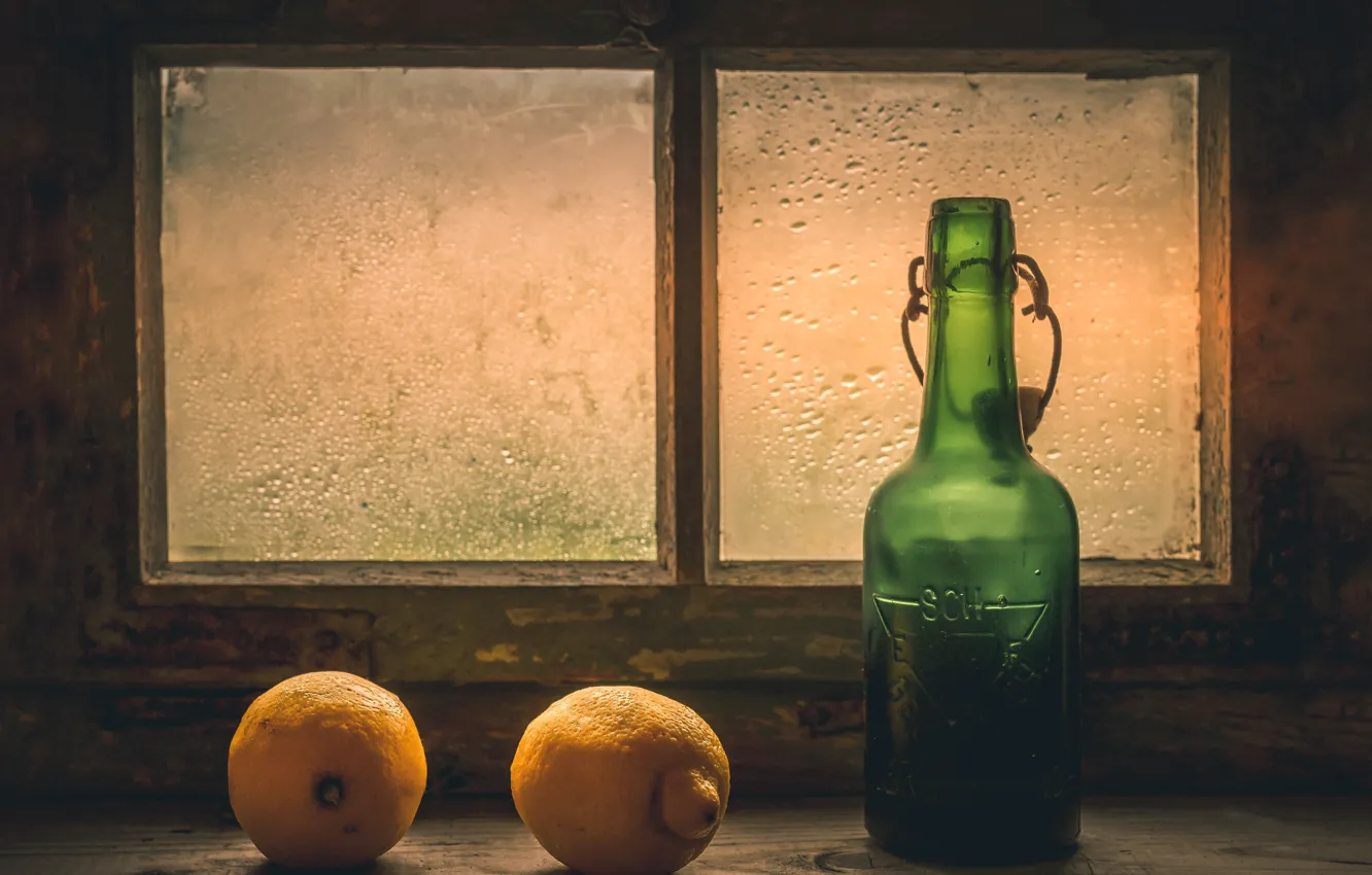 Photo wallpaper bottle, window, lemons