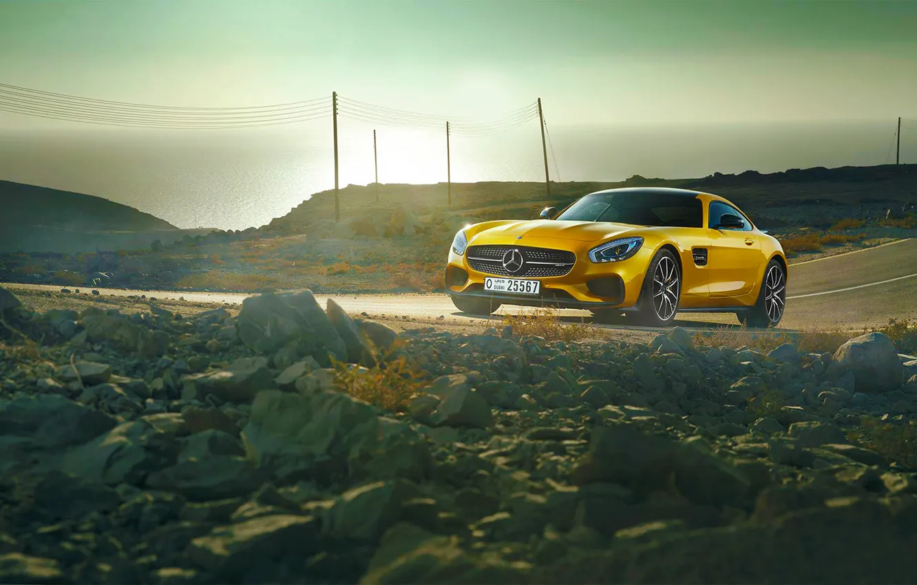 Photo wallpaper Mercedes-Benz, AMG, Sun, Day, Yellow, Road, Sea, 2015