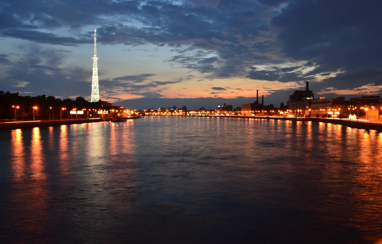 Photo wallpaper night, lights, Saint Petersburg, promenade, Neva