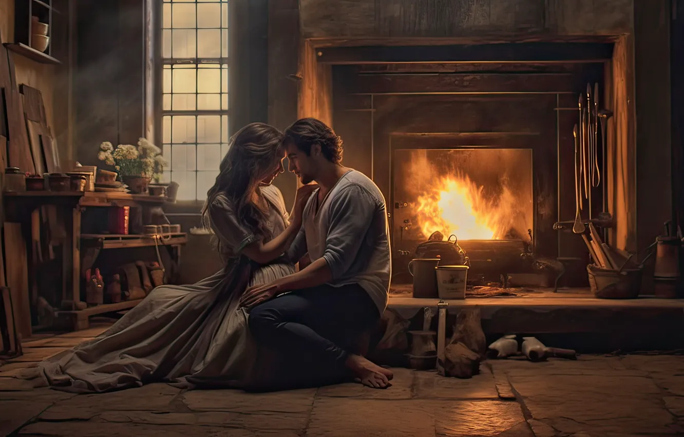 Photo wallpaper girl, love, room, fireplace, guy