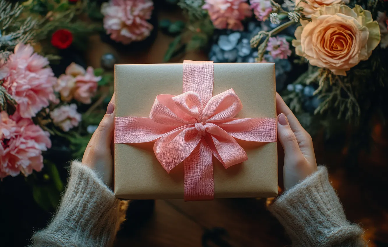 Photo wallpaper flowers, birthday, holiday, box, gift, bouquet, hands, hearts