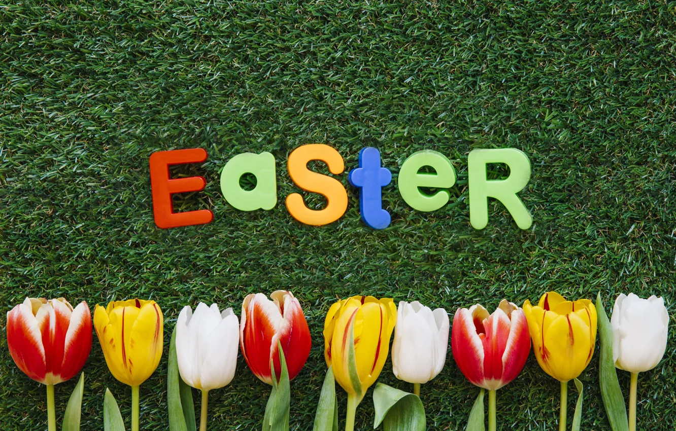 Photo wallpaper Flowers, Tulips, Easter, Letters, Weed, Holiday