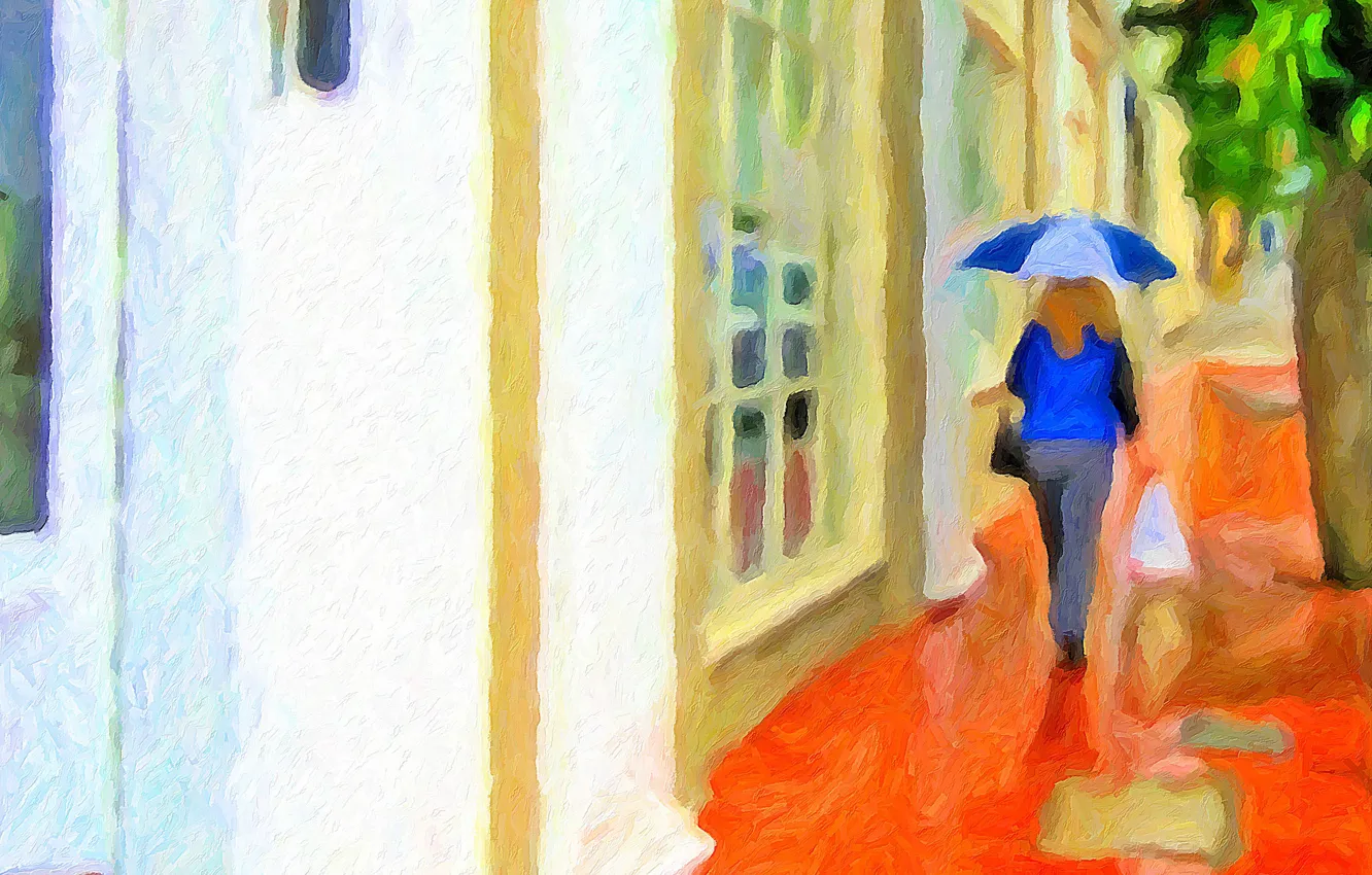 Photo wallpaper girl, the city, rendering, photo, street, home, umbrella