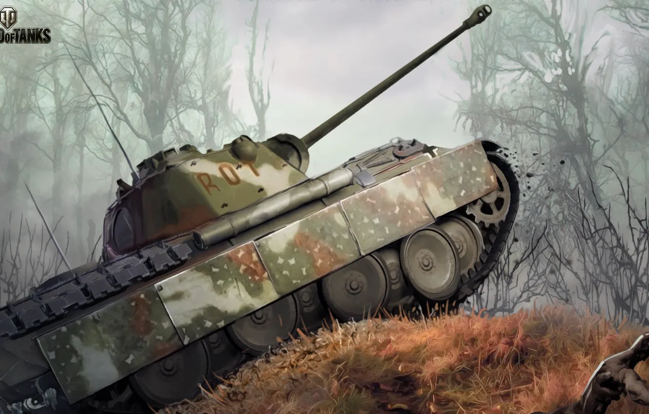 Photo wallpaper forest, figure, art, Panther, tank, camouflage, German, average