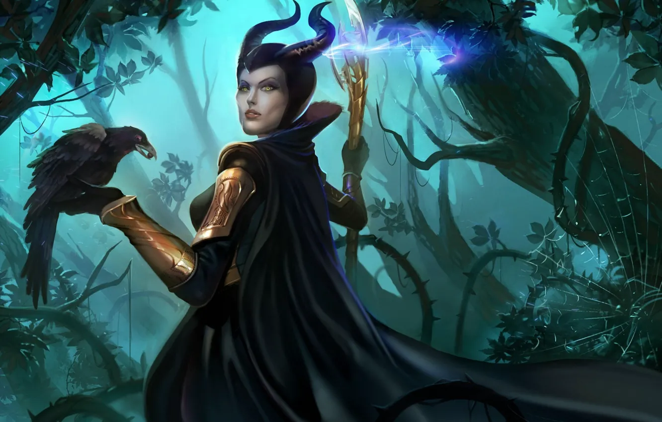 Photo wallpaper forest, girl, web, art, staff, Raven, Marvel, Loki