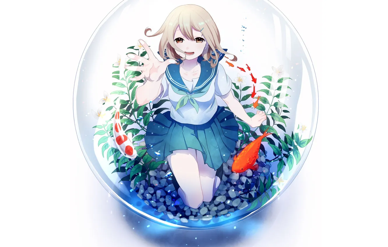 Photo wallpaper girl, aquarium, fish, form