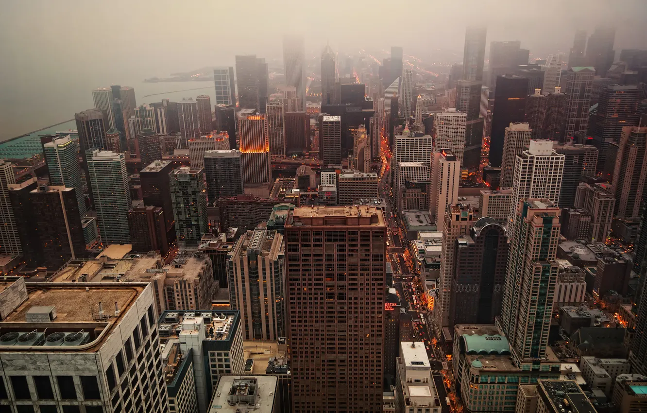 Photo wallpaper the city, fog, home, the evening, morning, Chicago, USA, could