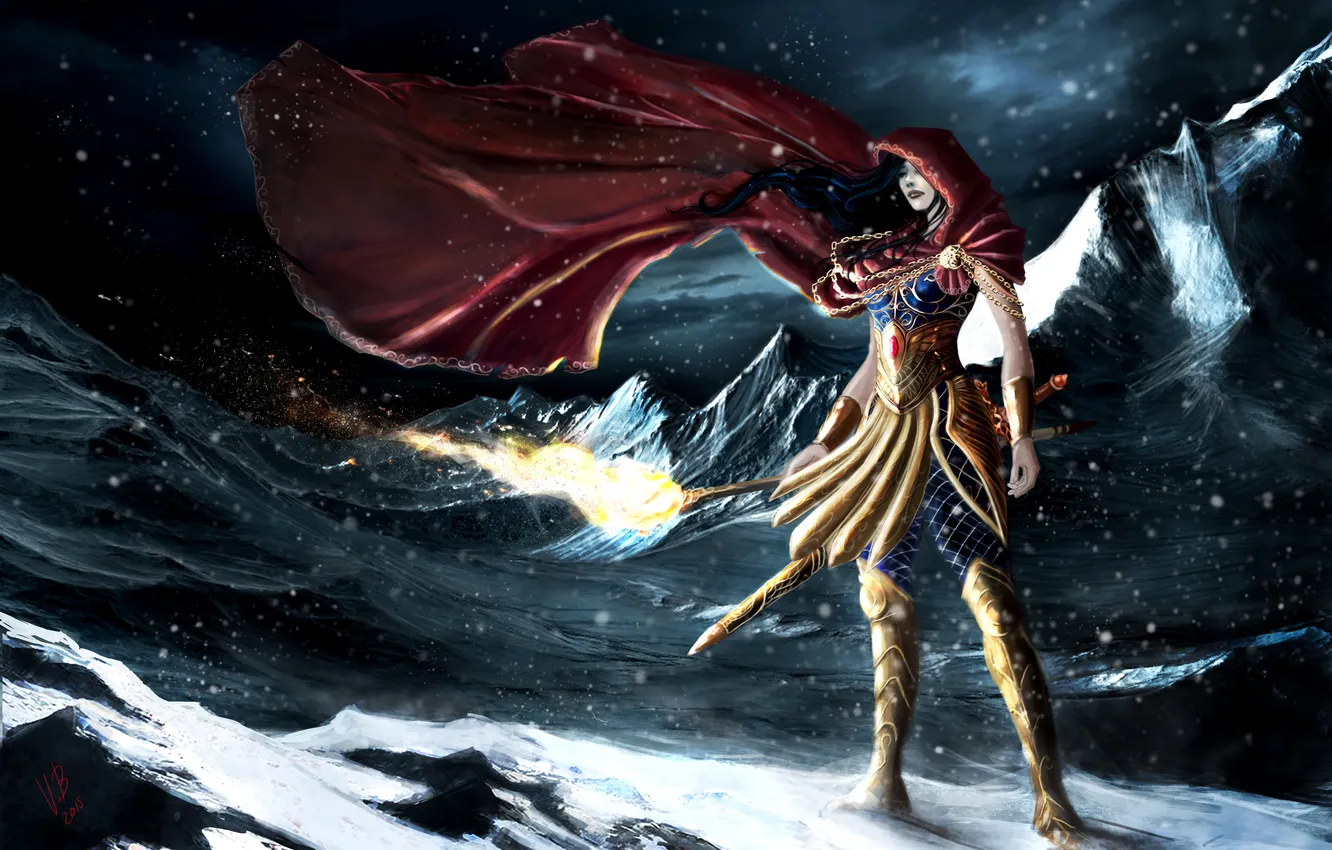 Photo wallpaper girl, mountains, lights, armor, torch, cloak, Virberrocal