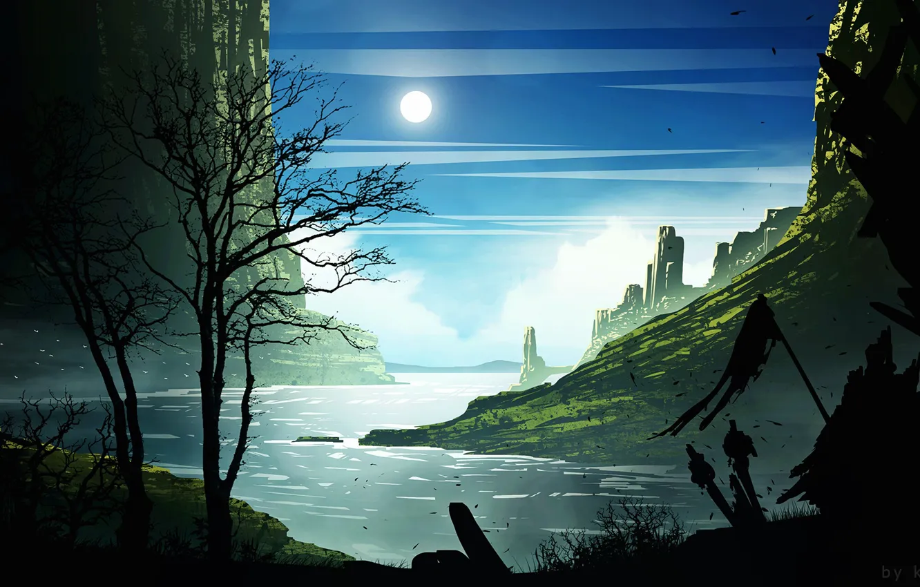 Photo wallpaper mountains, castle, the moon, warrior, Border Castle City