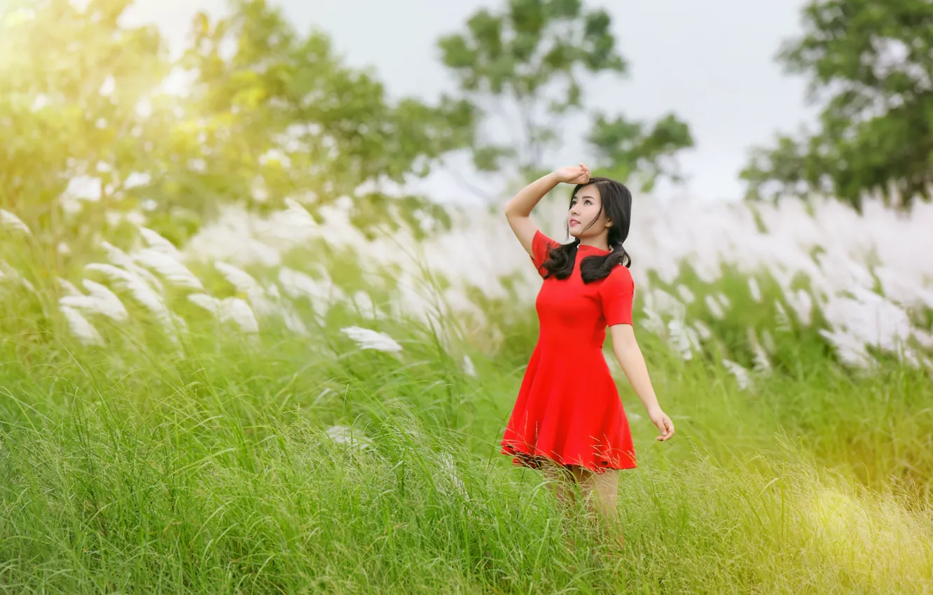 Photo wallpaper summer, girl, red, dress, Asian