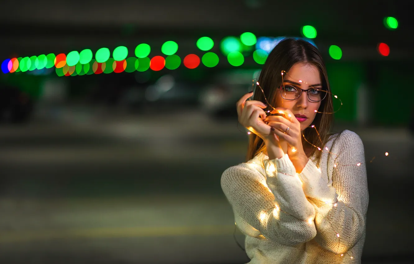 Photo wallpaper girl, lights, glasses, Dmitry Medved