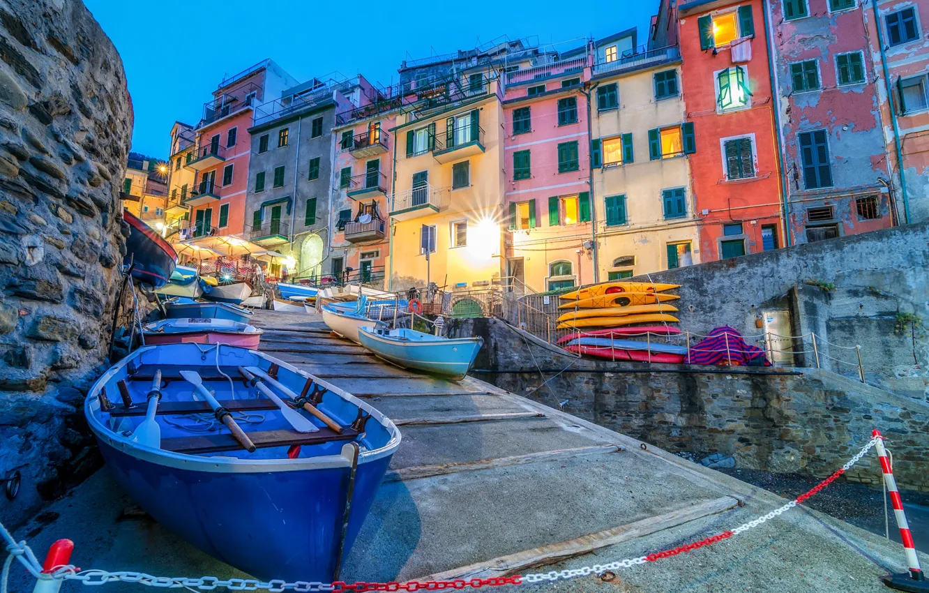Photo wallpaper the city, home, boats, the evening, lighting, Italy, Italy, Riomaggiore