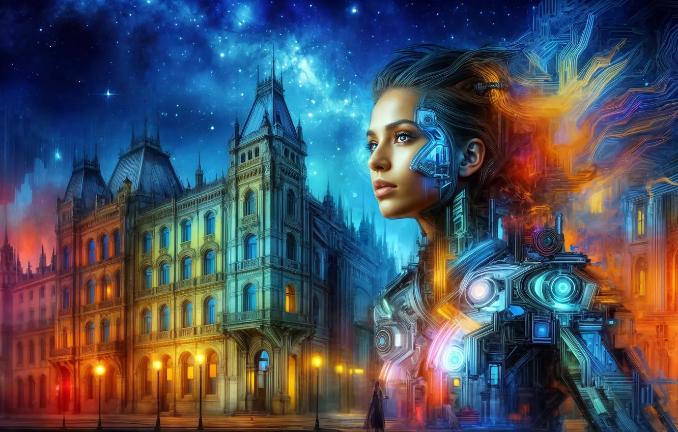 Photo wallpaper look, girl, stars, night, the city, lights, future, fiction