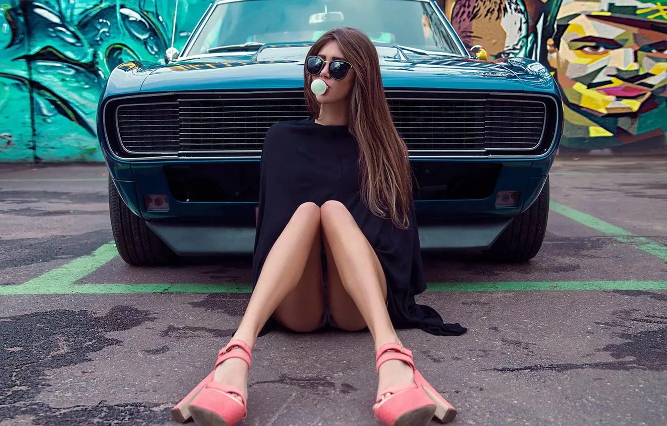 Photo wallpaper car, girl, model, brunette, cute, sunglasses, long-haired