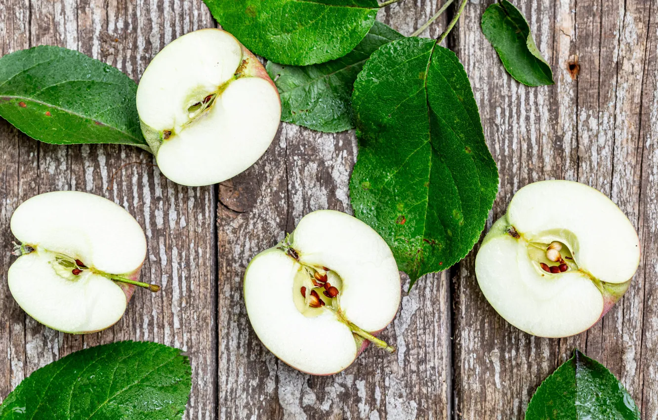 Photo wallpaper leaves, apples, slice, the fruit
