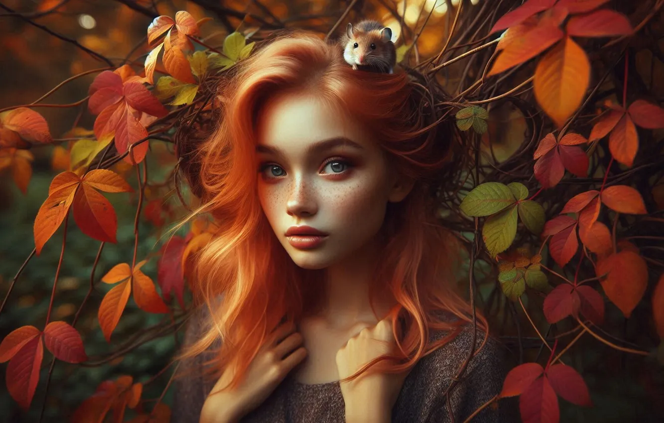 Photo wallpaper autumn, look, girl, branches, foliage, portrait, mouse, garden