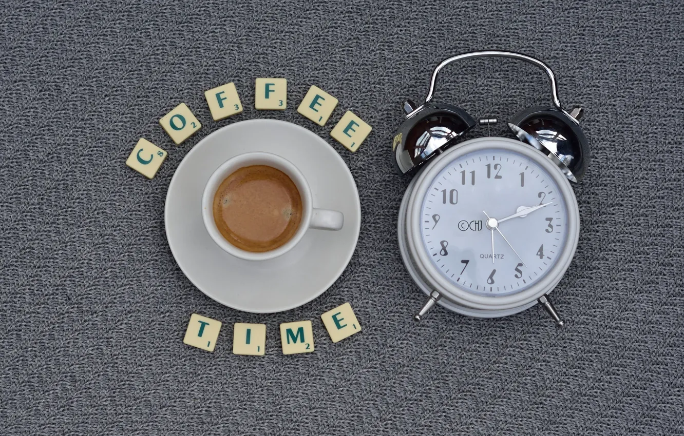 Photo wallpaper letters, coffee, alarm clock