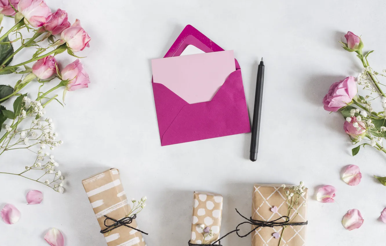 Photo wallpaper gift, roses, handle, the envelope, composition
