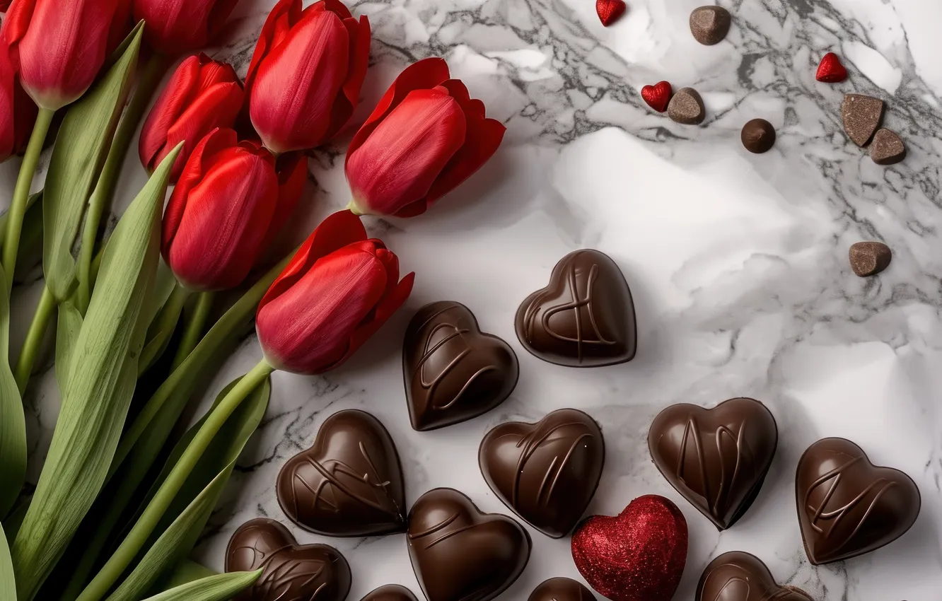 Photo wallpaper love, flowers, gift, romance, heart, tulips, red, love