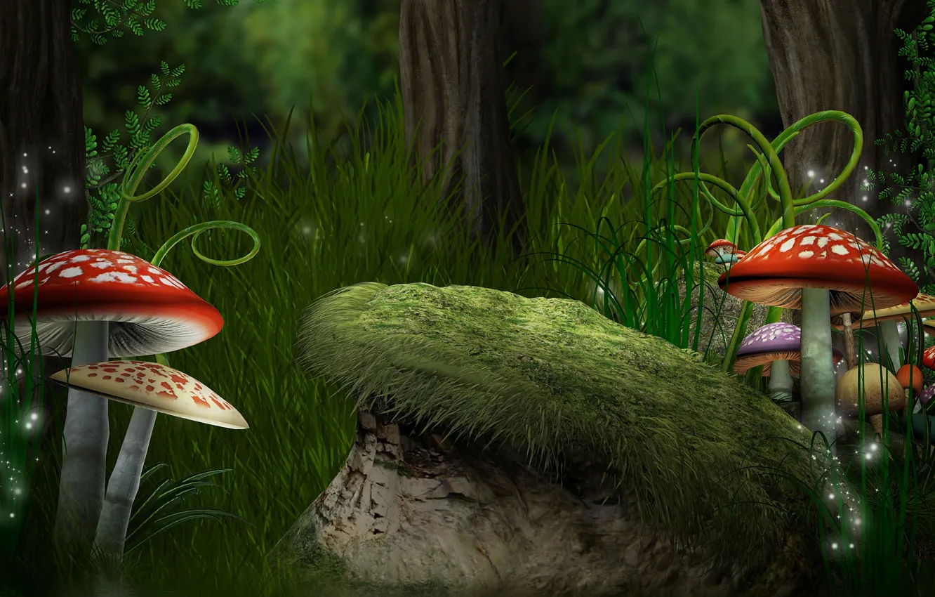 Photo wallpaper forest, grass, mushrooms, ferns, Amanita, forest, Magic, mushroom
