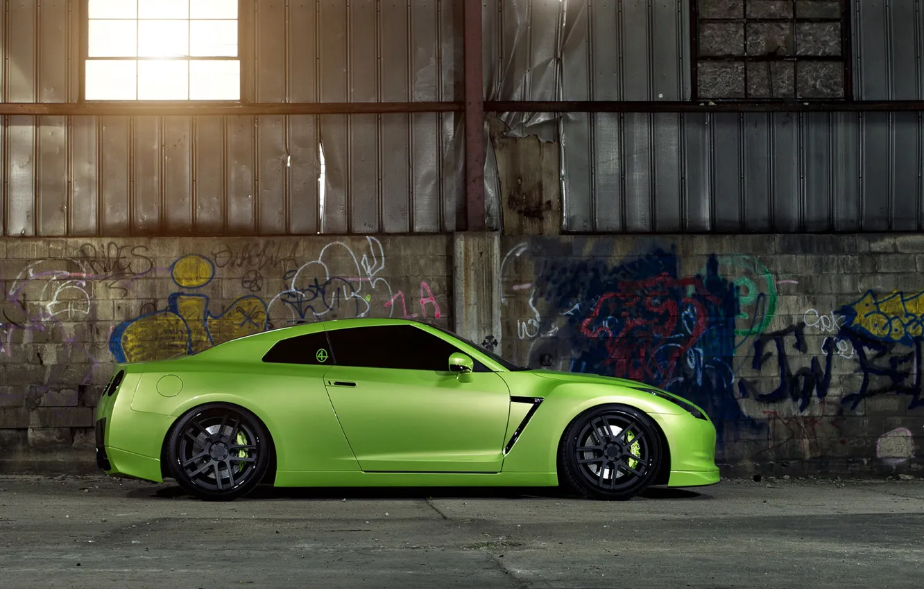 Photo wallpaper Nissan, GT-R, Green, Tuning, Wheels, Garage, Window, Graphity