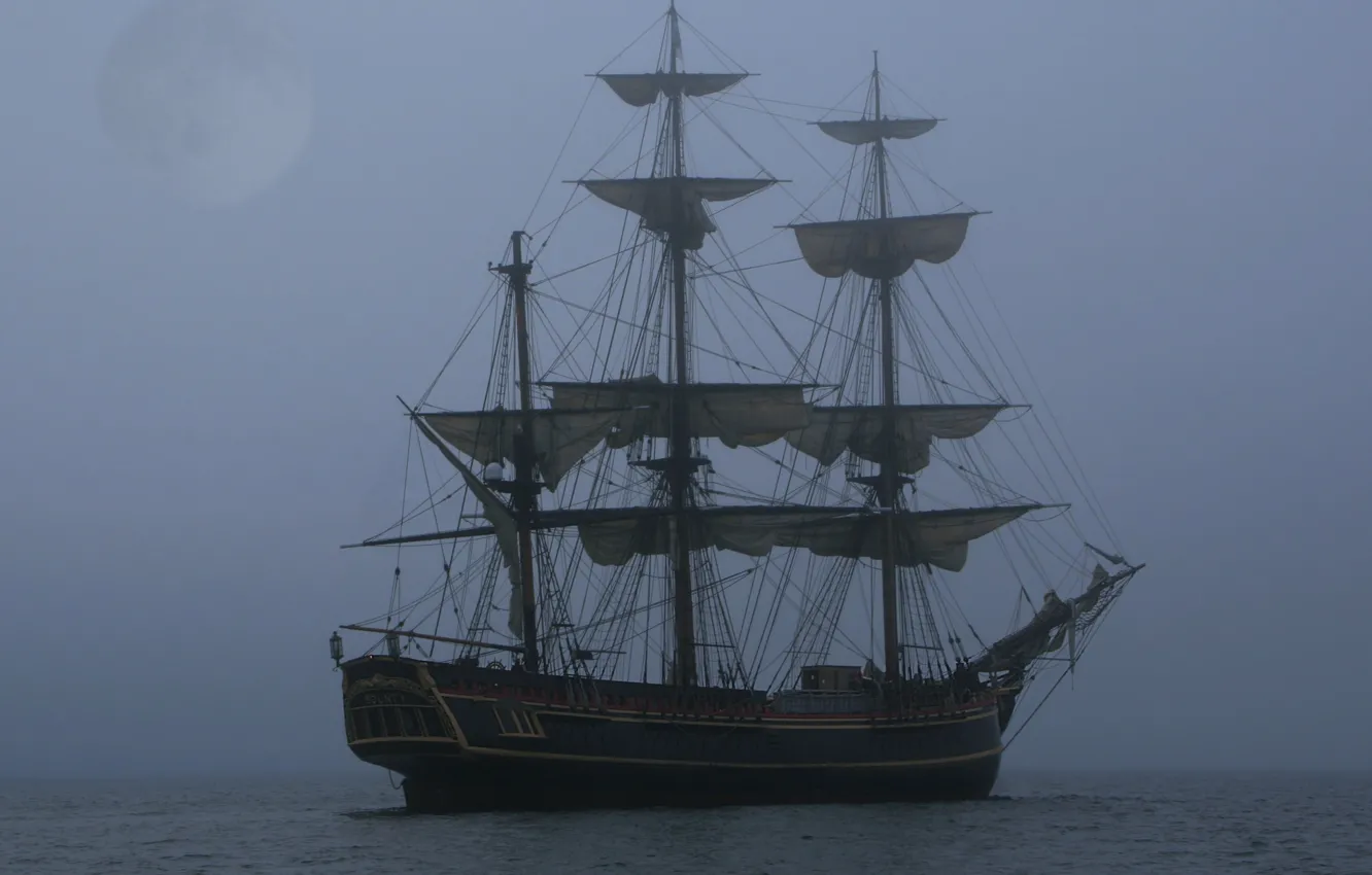 Photo wallpaper sea, fog, the moon, sailboat, bounty
