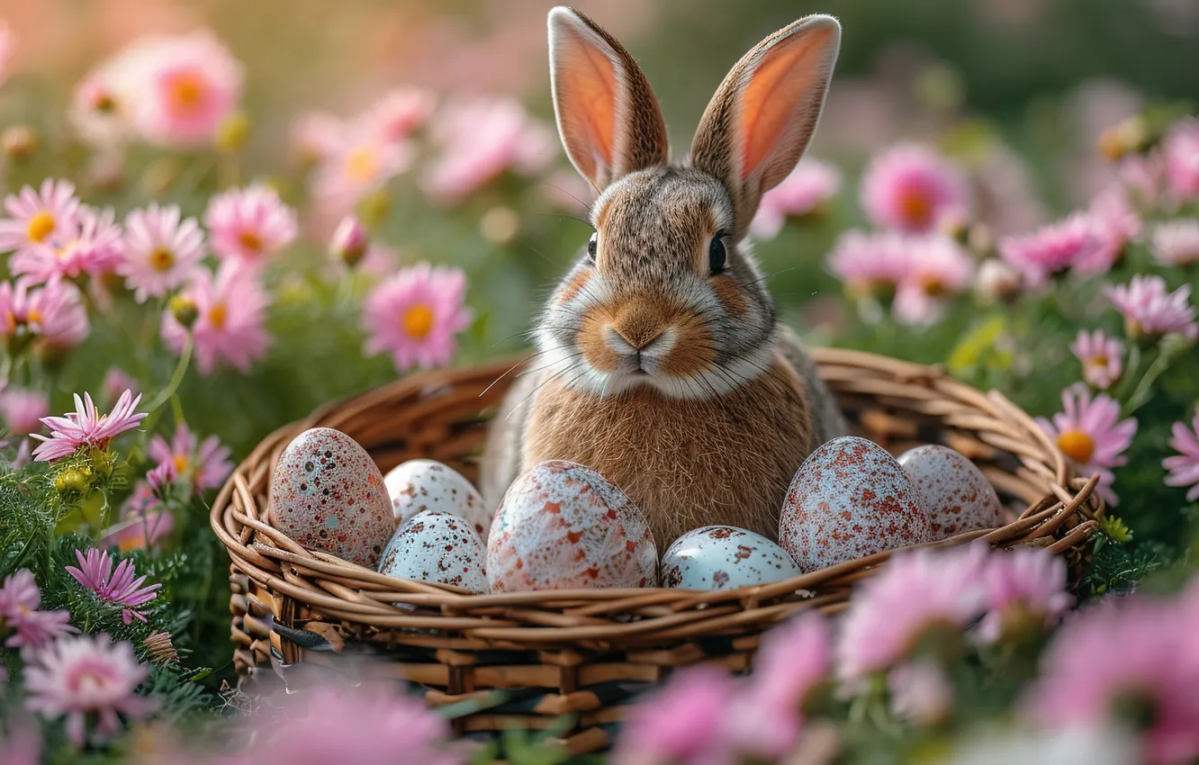 Photo wallpaper flowers, eggs, spring, colorful, Easter, flowers, spring, Easter