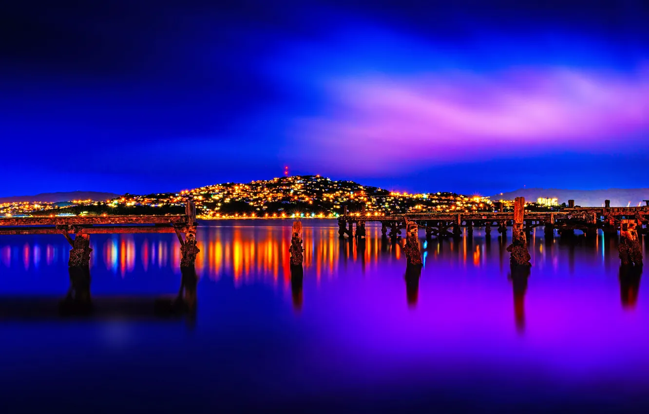 Photo wallpaper landscape, night, lights, New Zealand, Wellington