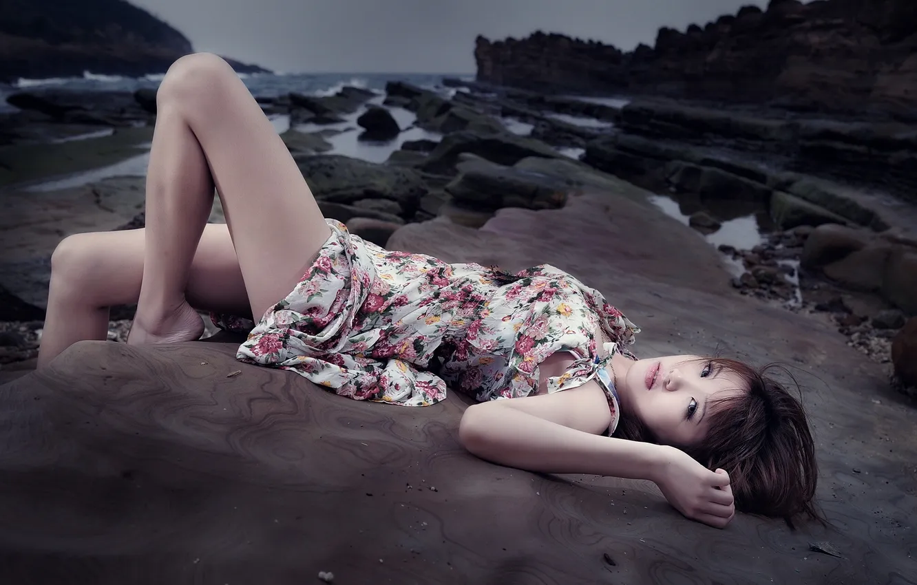 Photo wallpaper sea, girl, Asian