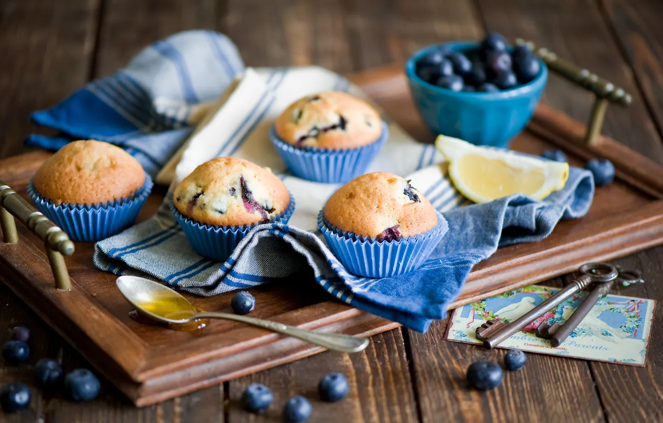 Photo wallpaper berries, towel, key, blueberries, spoon, still life, tray, cupcakes
