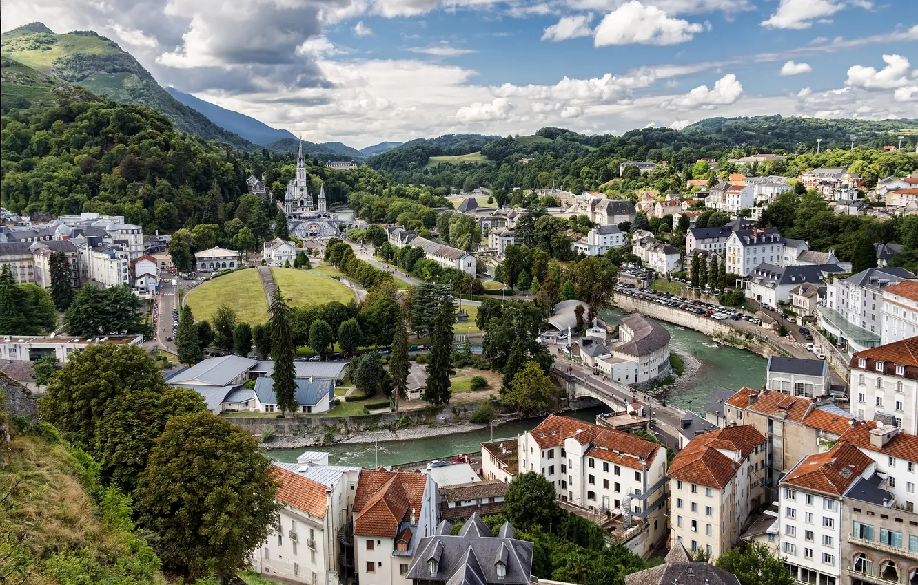 Photo wallpaper the sky, landscape, mountains, river, castle, home