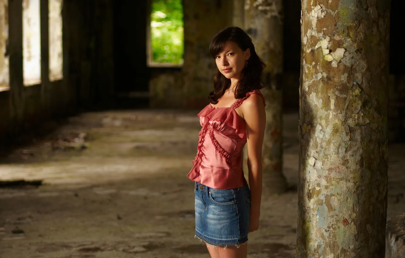 Photo wallpaper look, girl, blouse, brown hair, skirt, abandoned the premises