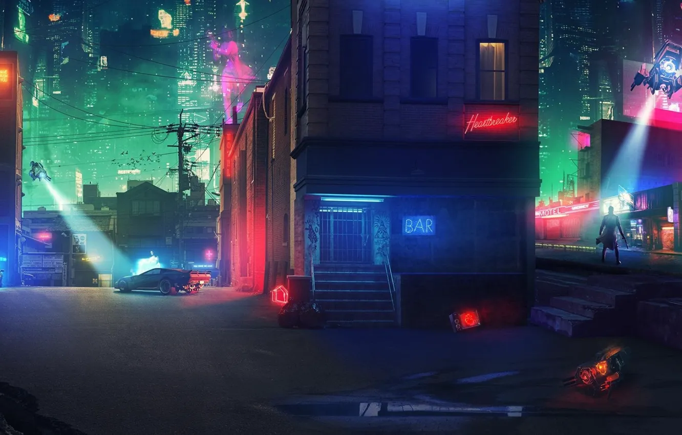 Photo wallpaper machine, night, the city, weapons, puddle, guy, Cyberpunk 2077
