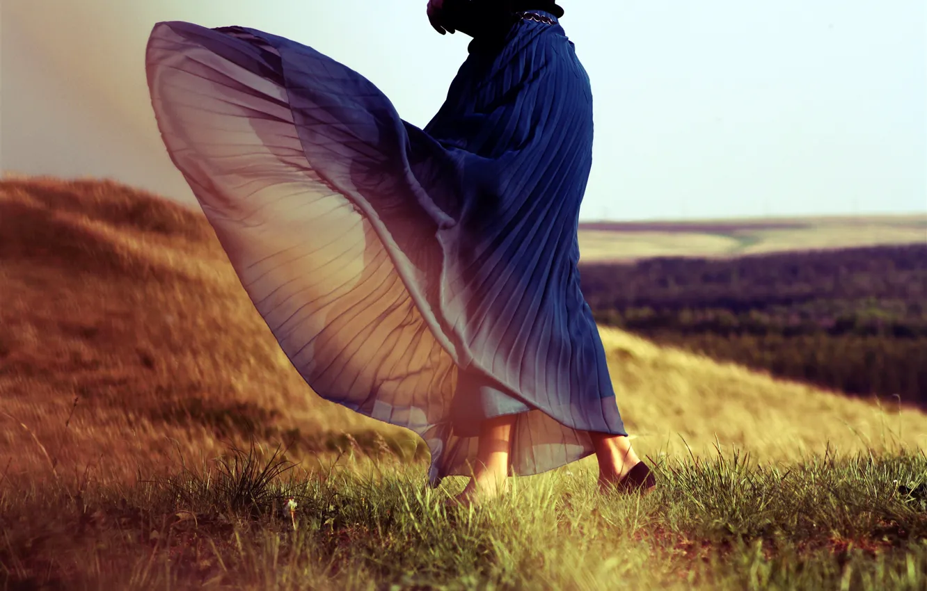 Photo wallpaper grass, girl, the wind, skirt, dress, floor