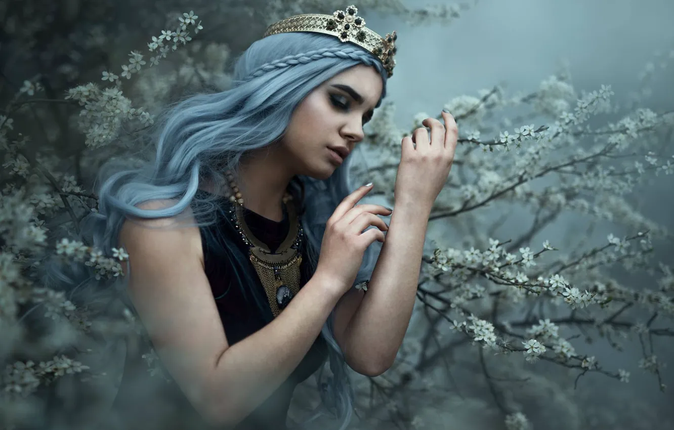 Photo wallpaper girl, branches, pose, mood, crown, hands, flowering, blue hair