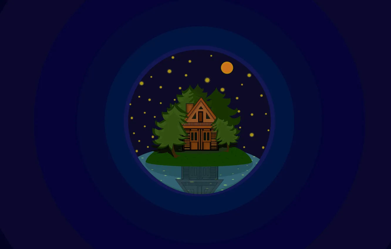 Photo wallpaper stars, trees, night, lake, island, home, minimalism