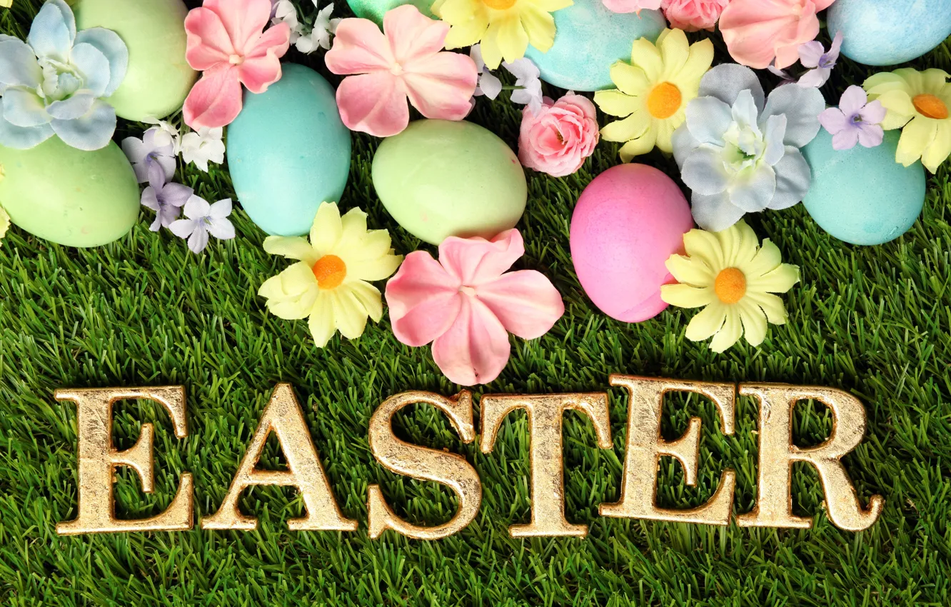 Photo wallpaper grass, flowers, Easter, flowers, spring, Easter, eggs, decoration