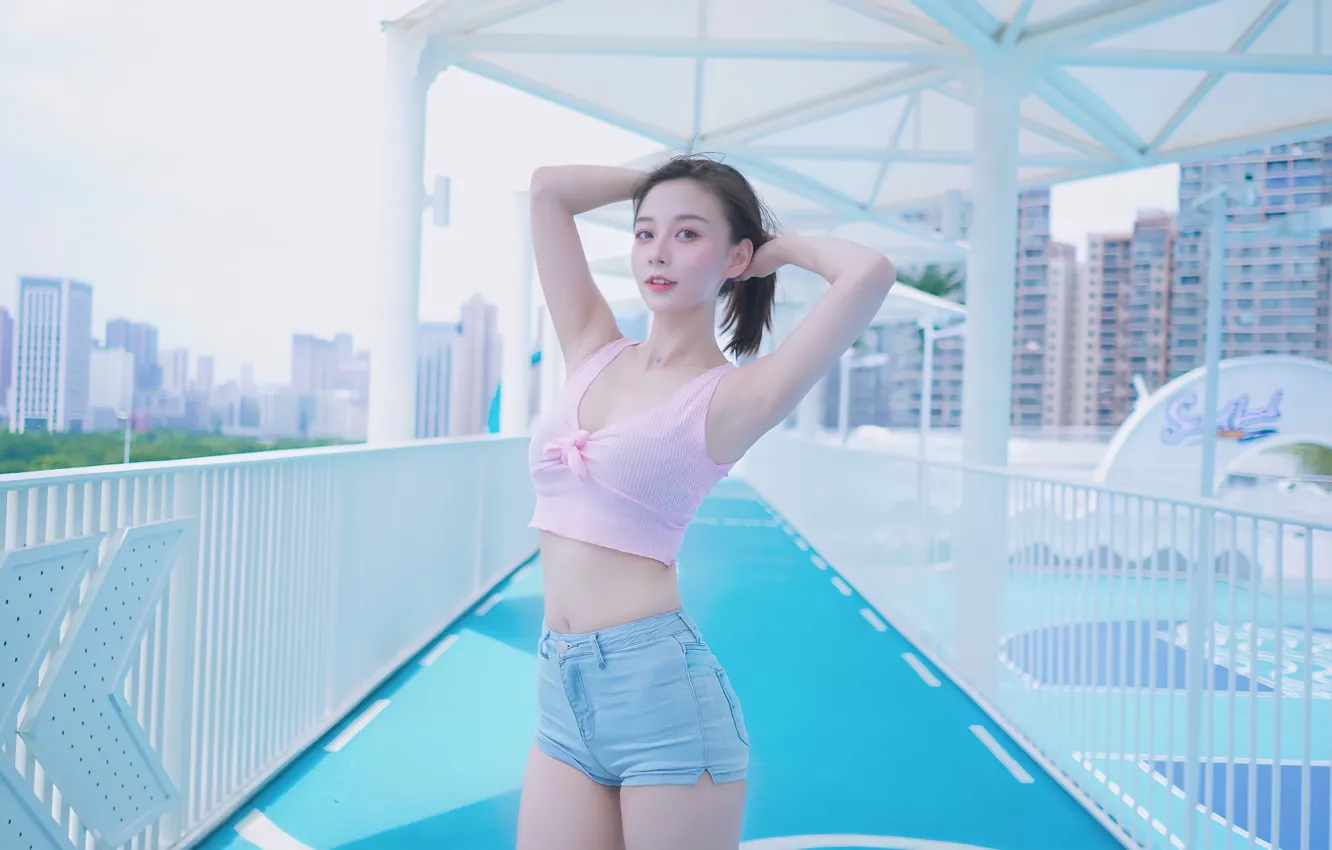 Photo wallpaper girl, shorts, model, asian, cute, tank top