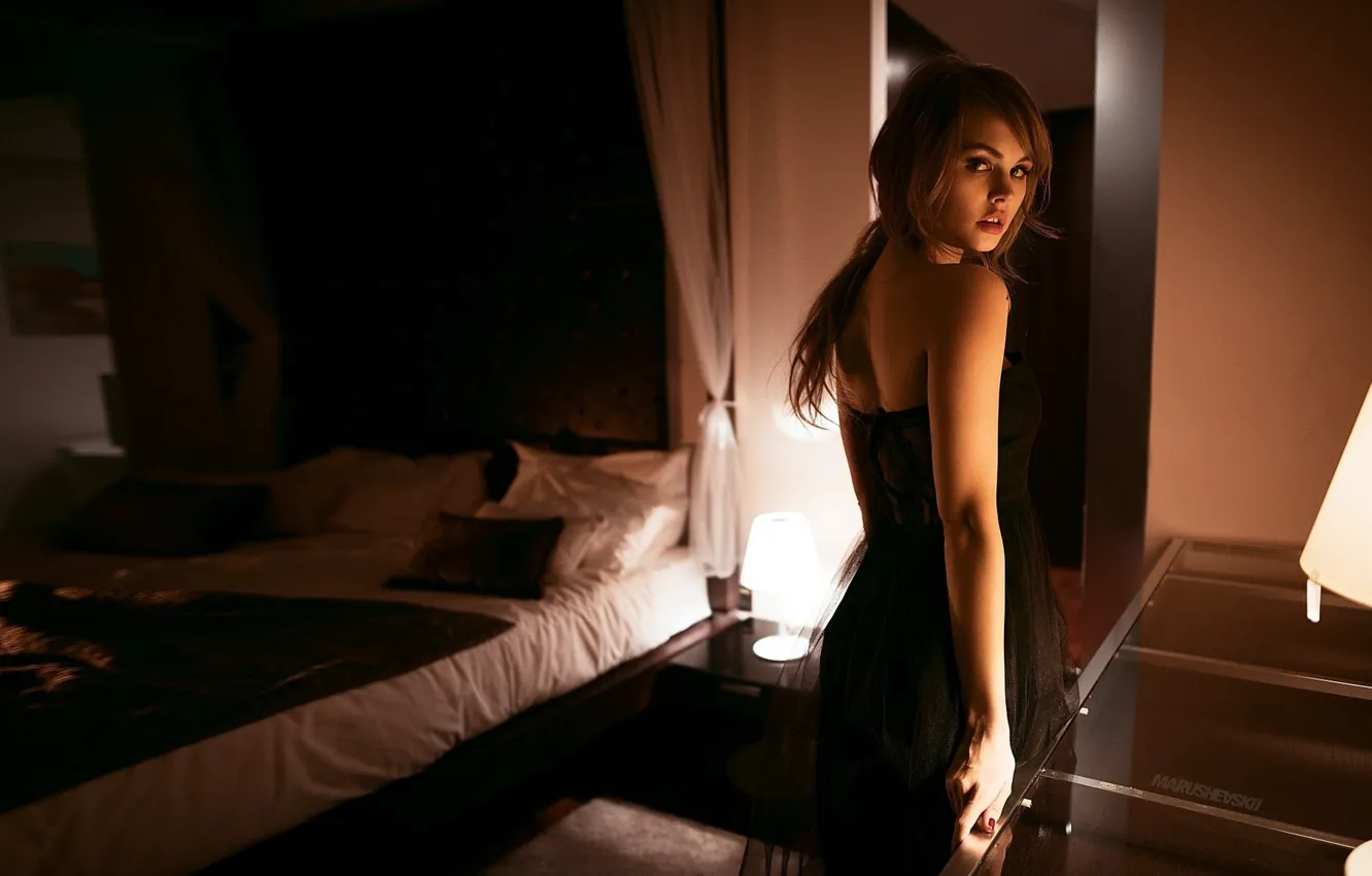 Photo wallpaper look, pose, room, model, lamp, bed, portrait, makeup