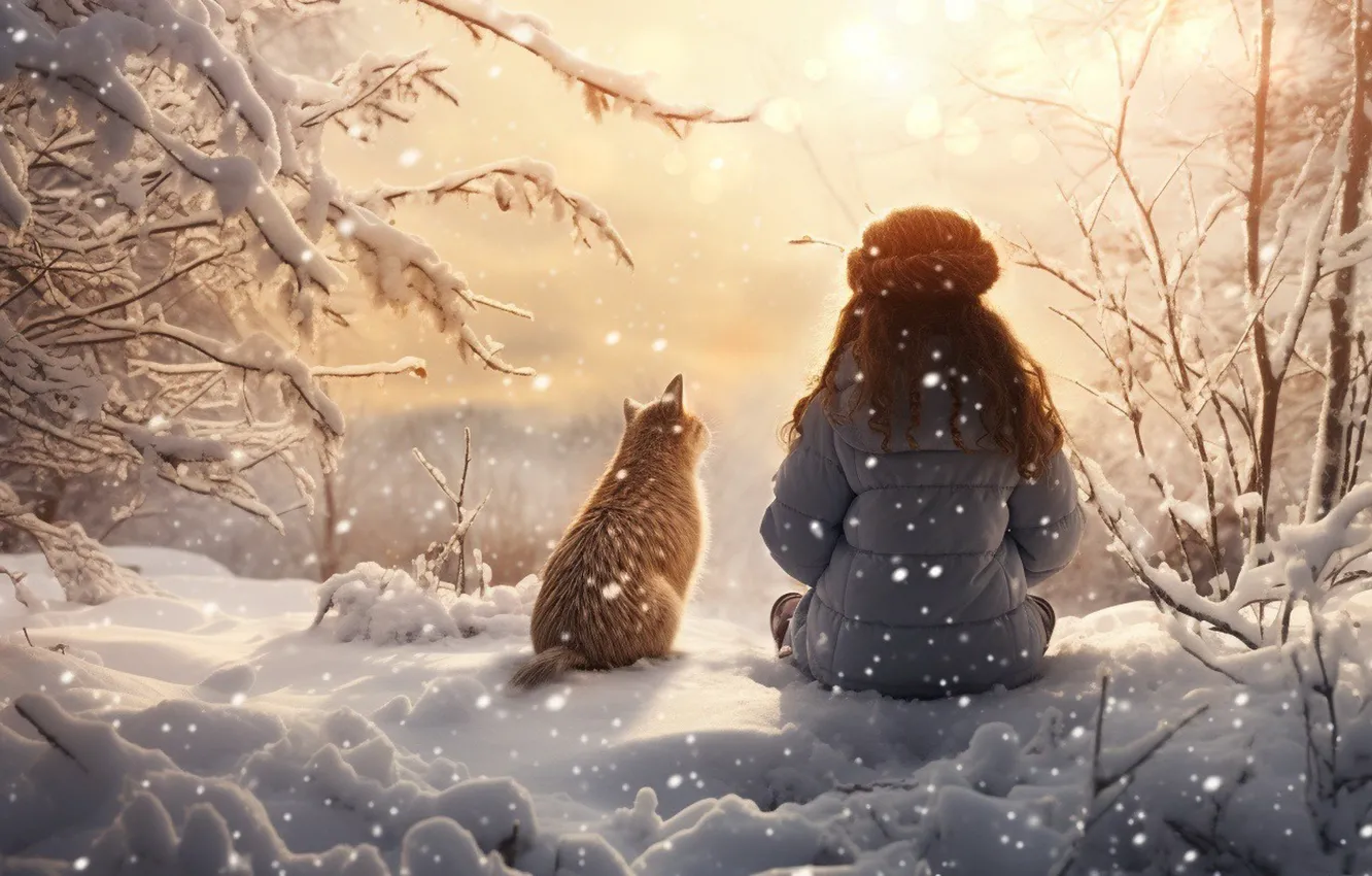 Photo wallpaper winter, frost, forest, cat, the sky, cat, the sun, light