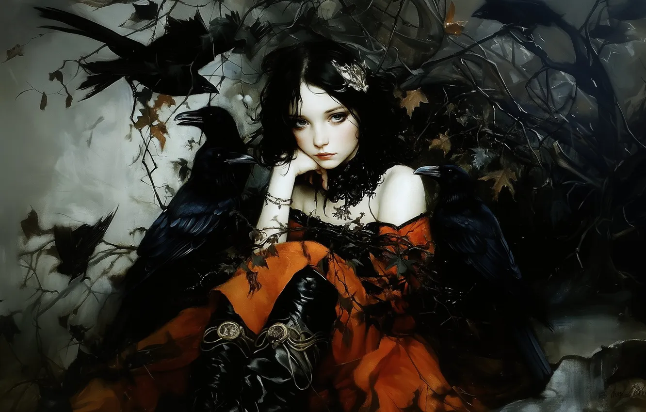 Photo wallpaper bird, neural network, the dark background, crows, AI art, red dress, brunette, girl