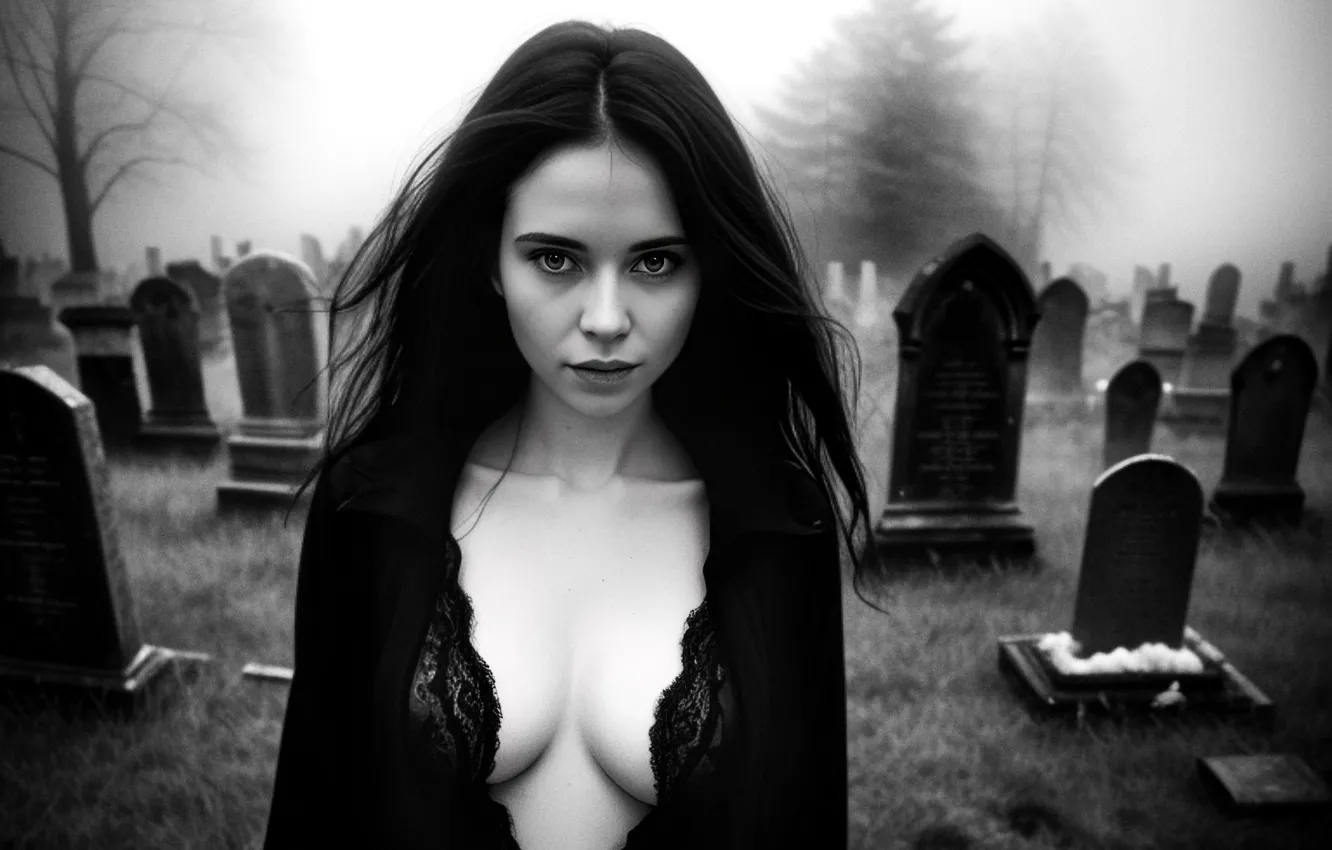 Photo wallpaper look, girl, face, monument, cemetery, image, monochrome, black and white photo