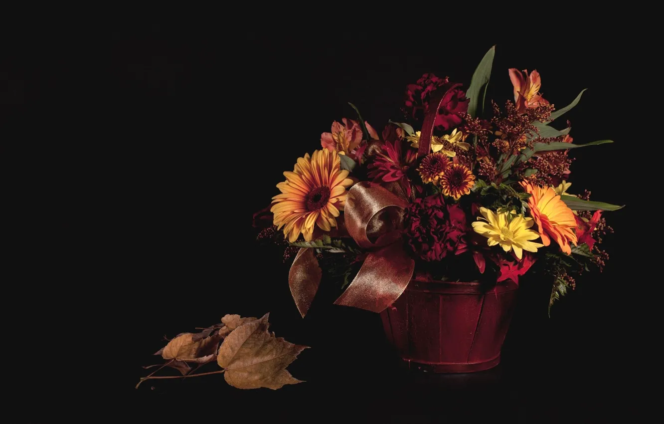 Photo wallpaper autumn, leaves, flowers, bouquet, basket