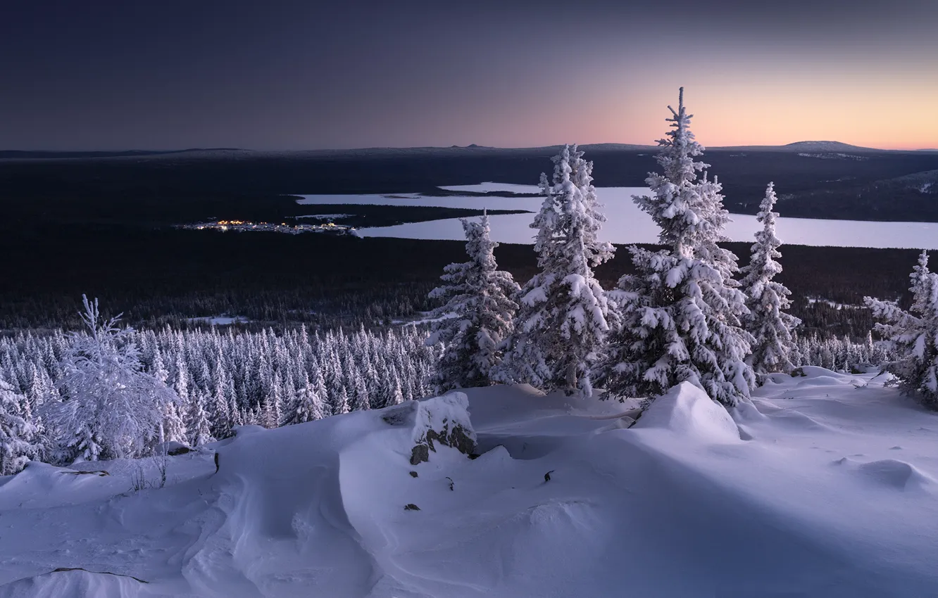 Photo wallpaper winter, forest, snow, mountains, river, dal, the evening, the snow