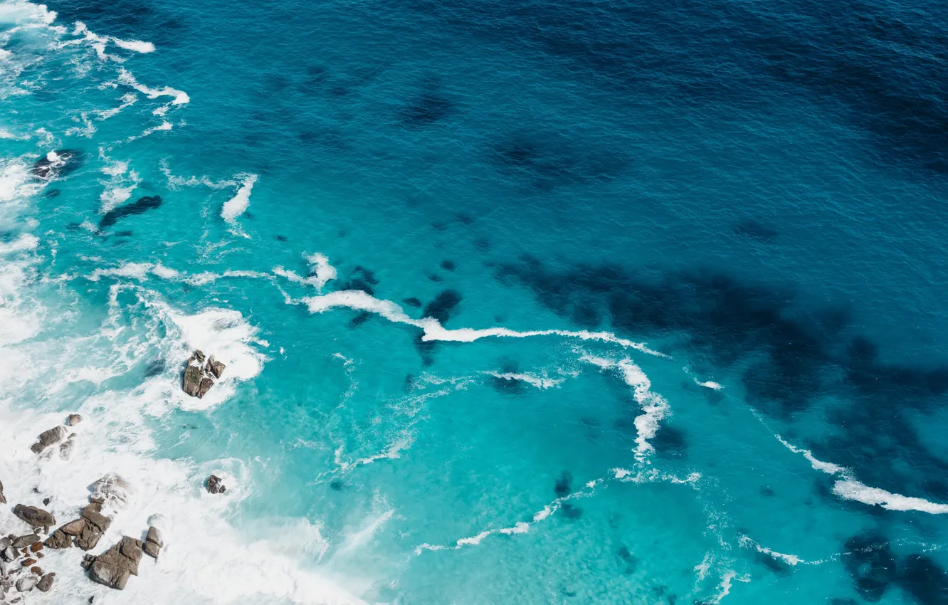 Photo wallpaper sea, wave, stones, drone