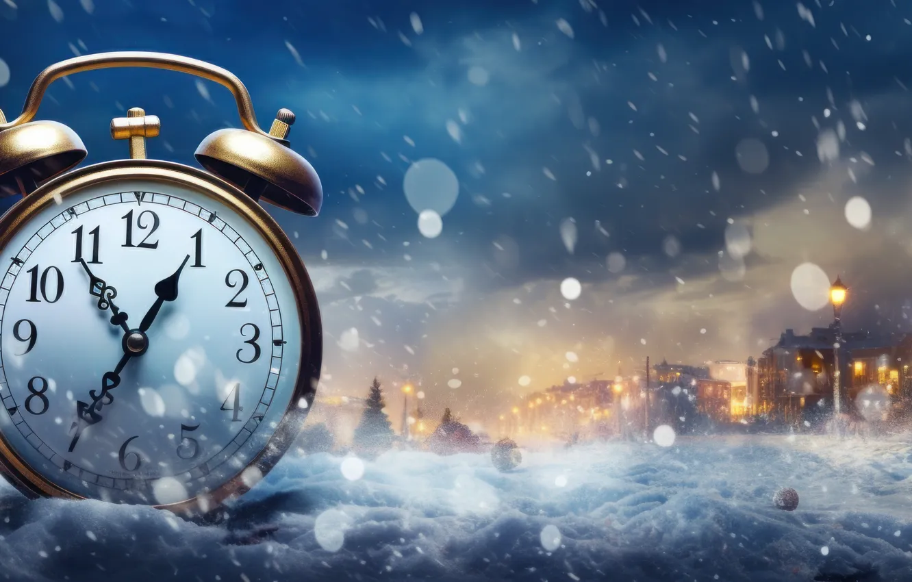 Photo wallpaper winter, snow, night, time, watch, new year, Christmas, panorama