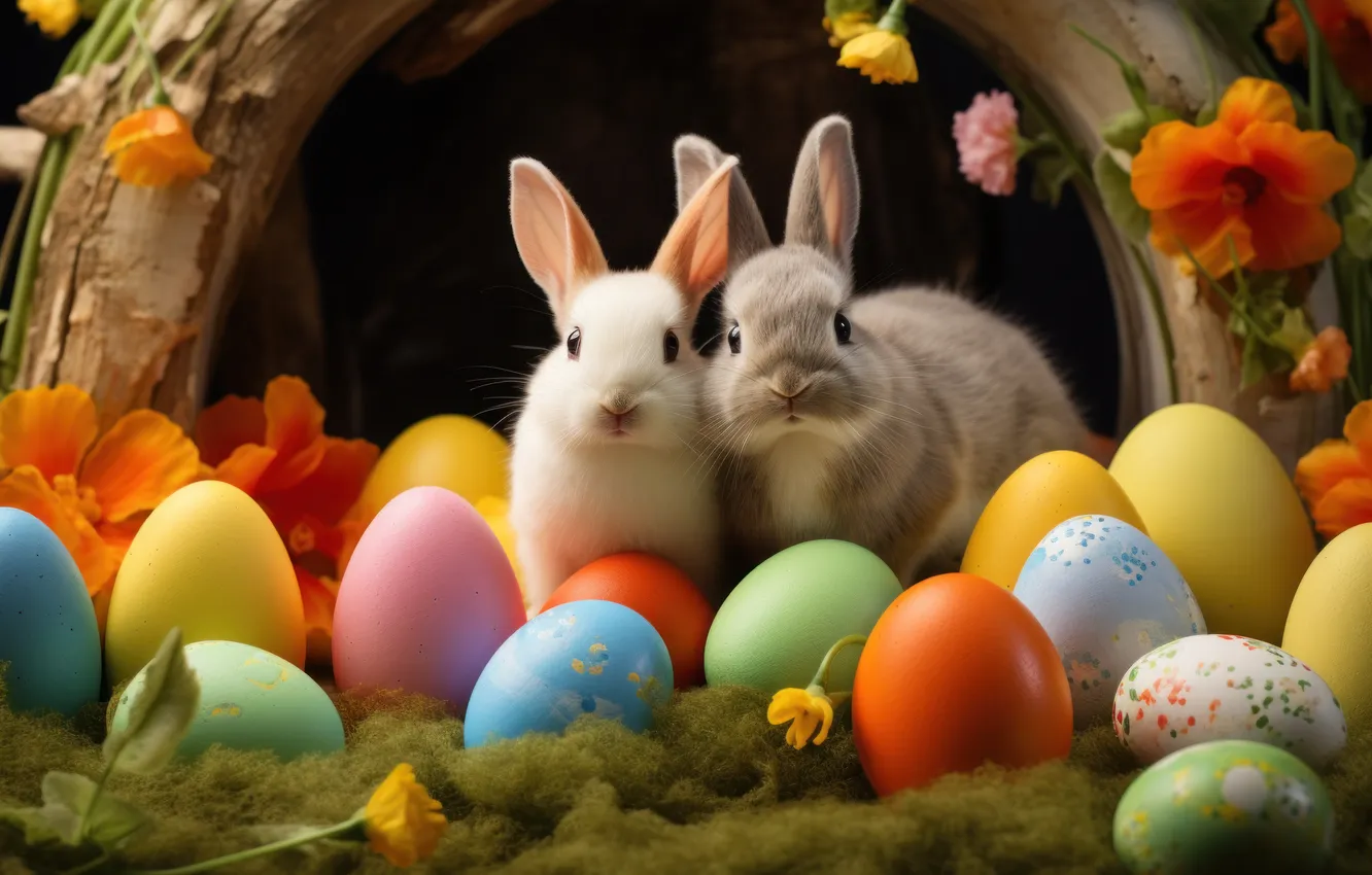 Photo wallpaper flowers, holiday, hare, eggs, spring, rabbit, Easter, Bunny