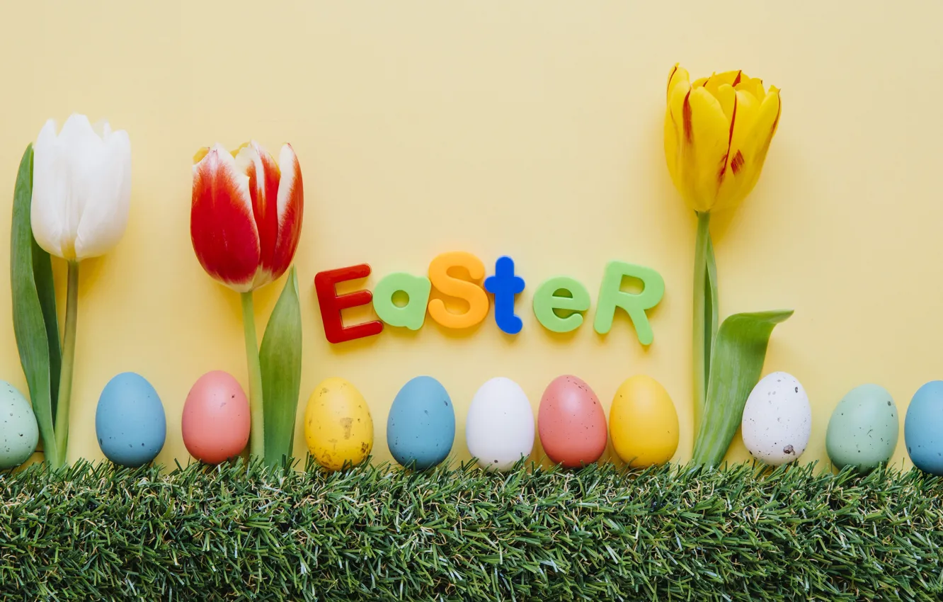 Photo wallpaper holiday, eggs, Easter, tulips